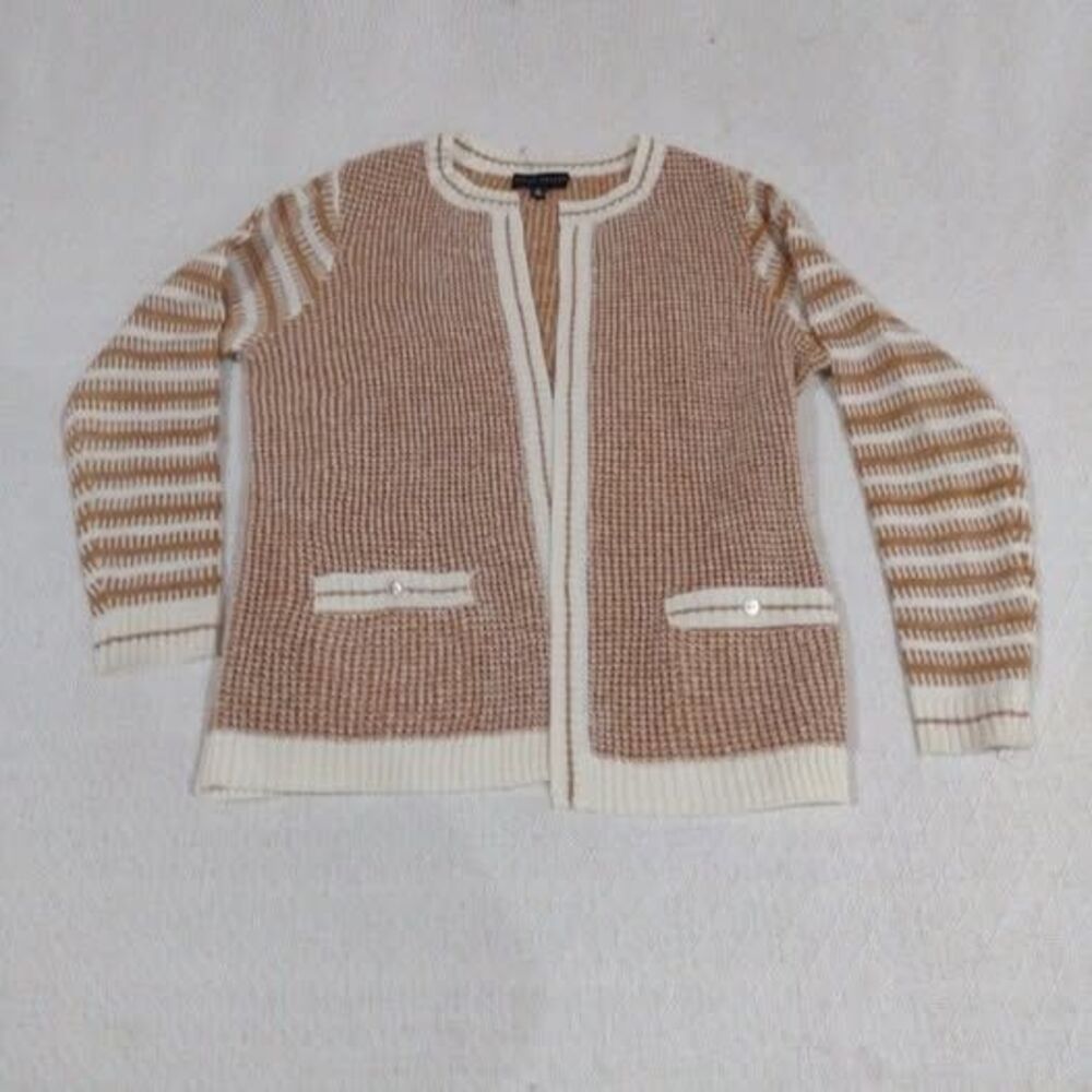 Women's Susan Graver Cardigan M Beige  White Striped Soft Knit